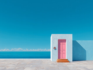 Pastel blue seaside house with a pink door and wooden deck under a clear sky.