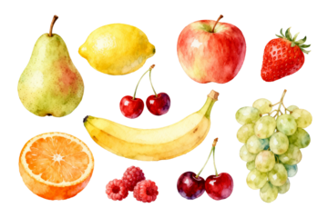 Watercolor Illustration of Assorted Fresh Fruits
