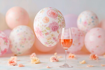 Elegant celebration setup with floral balloons and a glass of champagne in soft pastel tones.