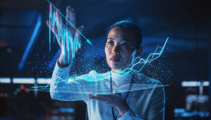 Professional Woman Analyzing Holographic Financial Data Interface for Business Growth and Future Investment Strategy in a Modern Technology Environment