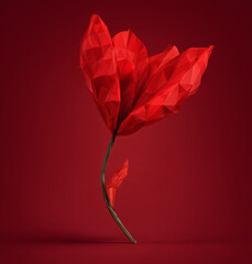 Red geometric flower with green leaves standing on a minimal red background.