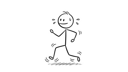 Obraz premium Stick Figure Man Running or Jogging, Sweating and Looking Stressed or Exhausted on Isolated White Background.