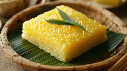 A traditional dessert made of layered yellow rice and leaves, served on a bamboo plate.