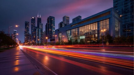 Fototapeta premium Dynamic city lights at dusk with skyscrapers and light trails.
