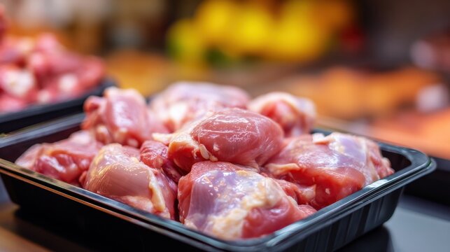 Fresh raw chicken thighs in black tray display at market.