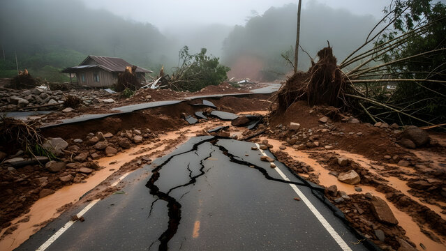 Damaged road with landslides and destruction in a rural landscape after heavy rainfall