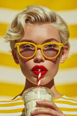 Fashion portrait of a woman in yellow sunglasses drinking a milkshake with a striped straw.