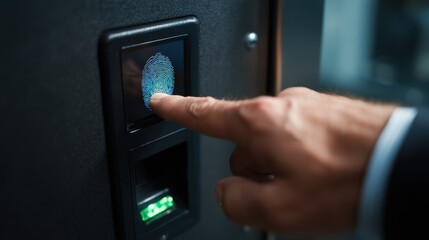 Medium shot of a person scanning their fingerprint on a biometric access panel securing a modern office entrance for enhanced security.