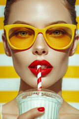 Fashion portrait of a woman in yellow sunglasses drinking a milkshake with a striped straw.