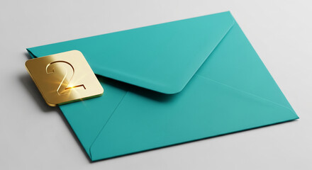 Image of a teal envelope with a golden number two tile, suggesting delivery, message, or invitation, suitable for countdowns or special occasions