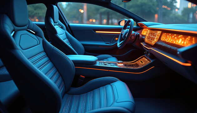 Dark modern car interior with plush blue leather seats and glowing orange dashboard. Advanced tech console displays information, futuristic cockpit ambiance. - Powered by Adobe