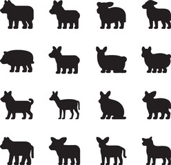 Fototapeta premium Collection of farm and domestic animal silhouettes on transparent background for design, illustration, graphic, print, textile, wallpaper, safari, zoo, pet, farm animals, vector icons, simple style