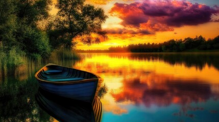 A tranquil boat at sunset reflecting vibrant colors in the calm waters of a serene lake surrounded by trees