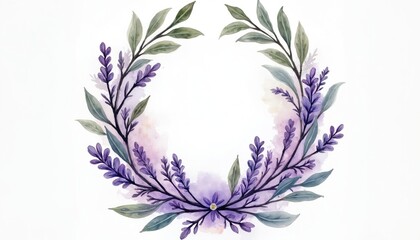 Watercolor wreath with purple lavender flowers, green eucalyptus leaves on white background. Delicate floral border perfect for wedding, greeting cards. Nature inspired plant art offers elegant