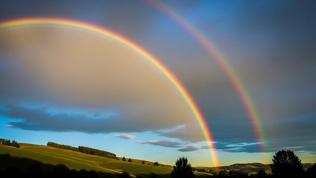 Double Rainbow Over Green Landscape Horizon.