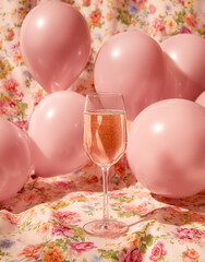 Elegant celebration setup with floral balloons and a glass of champagne in soft pastel tones.