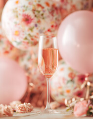 Elegant celebration setup with floral balloons and a glass of champagne in soft pastel tones.
