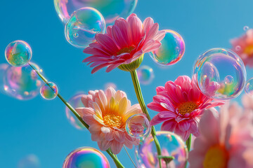 Pink flowers surrounded by floating soap bubbles in a dreamy, colorful garden scene.