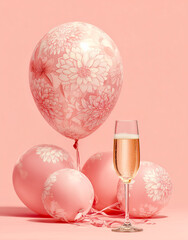Elegant celebration setup with floral balloons and a glass of champagne in soft pastel tones.