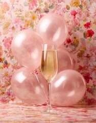 Elegant celebration setup with floral balloons and a glass of champagne in soft pastel tones.