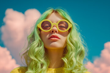 Portrait of a woman with green hair wearing yellow sunglasses against a soft blue background.