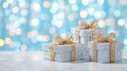 Silver gift boxes with golden ribbons arranged on a festive bokeh background.
