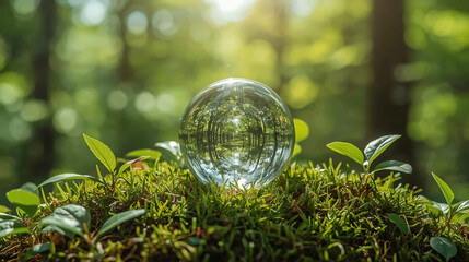 Crystal Globe in Green Forest with Soft Morning Light Sustainability Concept