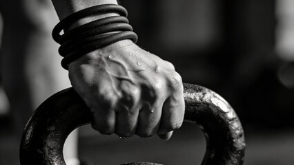 Muscular adult hand, visibly veined and covered in sweat, gripping a heavy black kettlebell handle in a gym environment with dramatic monochrome lighting.