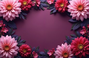 Pink and red flowers with dark purple leaves arranged in a decorative border on a magenta background. This floral composition provides space for text. Botanical art style.