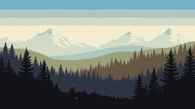 Scenic mountain landscape with dense pine forest and distant peaks, in natural light