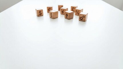 Assortment of wooden blocks displaying currency symbols, an upward arrow, and a gear icon scattered on a bright white table with clean studio lighting.