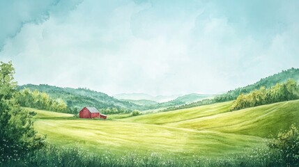 A tranquil rural landscape featuring rolling green hills, a distant red barn, and a tractor under a clear sky at midday, watercolor