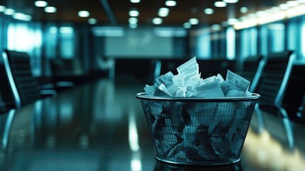 A trash bin filled with crumpled papers in an empty conference room symbolizes inefficiency and a business lacking future perspective
