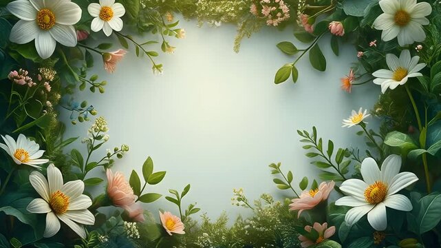 Forest theme floral frame with colorful flowers and green leaves on blue background. Copy space for text. Valentine's or Mother's Day concept