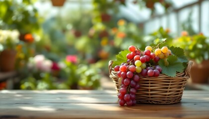 A rustic wicker basket overflowing with mixed grapes in vibrant colors displayed on a wooden surface with soft outdoor lighting, perfect for food styling and farm-fresh product themes.
