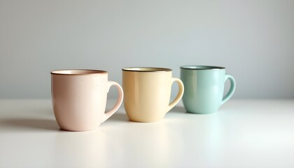 A set of pastel-tone ceramic mugs arranged in a clean minimal composition on a white surface, perfect for product catalog design, kitchenware branding, and modern lifestyle themes.