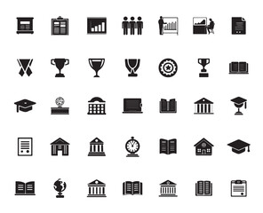 collection of education related black icons on white background