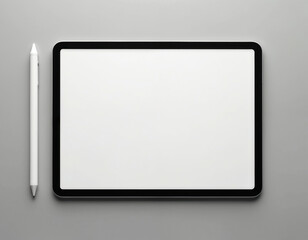 Digital tablet with stylus on gray backdrop. Blank white screen is available for content placement. Modern device for work design or creative project. Tech concept.