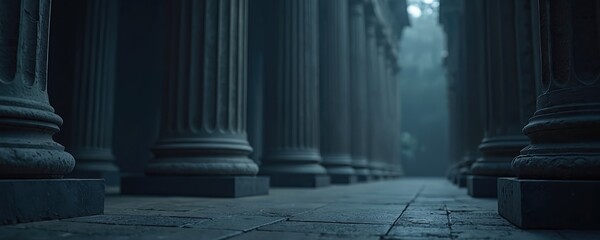 Classic stone columns stand in row. They symbolize power. Tiled floor stretches into distance. Dark blue theme for corporate or law firm business. It depicts law, legal concepts. Image evokes trust.