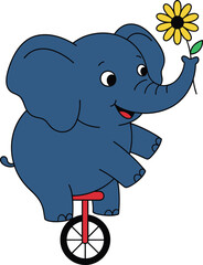 Elephant Clipart - Cute Blue Baby Elephant on Unicycle with Yellow Flowe