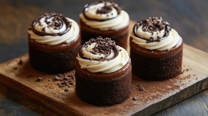 A trio of chocolate rolls with cream filling and decorative icing