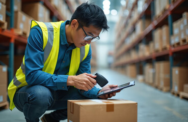 Young Asian man in safety vest scans box barcode with scanner. He uses tablet for inventory control and logistics data entry. Worker checks packages in modern warehouse for shipping, stock management.