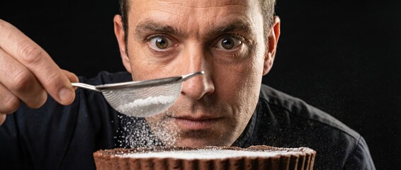 Man dusting chocolate tart with powdered sugar, closeup of baker preparing dessert Concept of baking, gourmet food, and culinary arts