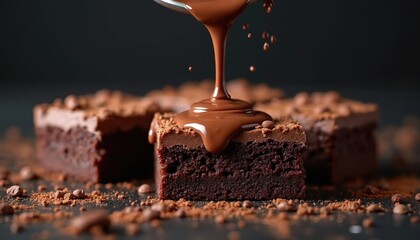Melted chocolate pour onto brownie square piece. Sweet cocoa drizzle drops onto cake. Tasty dessert, baking concept. Chocolate cake slice is decorated. Food photography for pastry shop promotion idea.