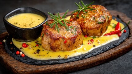 Grilled pork medallions with creamy sauce and herbs on slate platter.