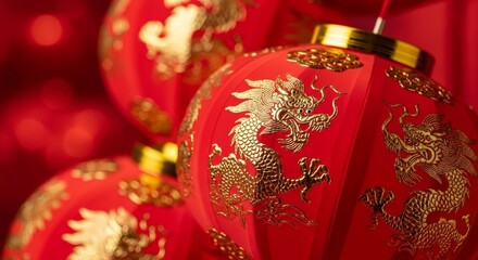 Deep Crimson Silk Chinese Lanterns Gilded Dragon Details Against Scarlet Bokeh Background