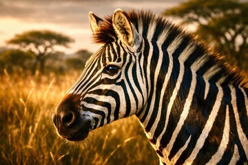 Fototapeta premium A zebra is standing in a field of tall grass