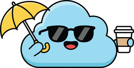 Cloud Character Illustration - Cute Kawaii Mascot with Coffee and Umbrella