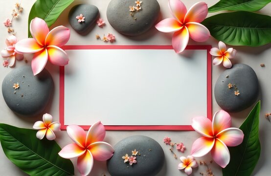 Spa wellness invitation template featuring flowers leaves and zen stones. This spa gift certificate perfect for promotion. Relaxation beauty and care concept with blank space. - Powered by Adobe