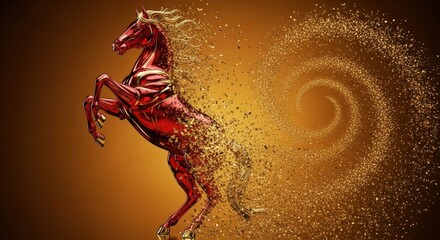 Rearing Ruby Glass Horse Sculpture Dissipating into a Whirlwind of Pure Gold Fragments on Deep Amber Gradient Background